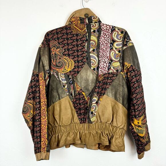 Vintage Tan Genuine Leather Patchwork Scrunched Full Zip Bomber Jacket Size S - Picture 14 of 16